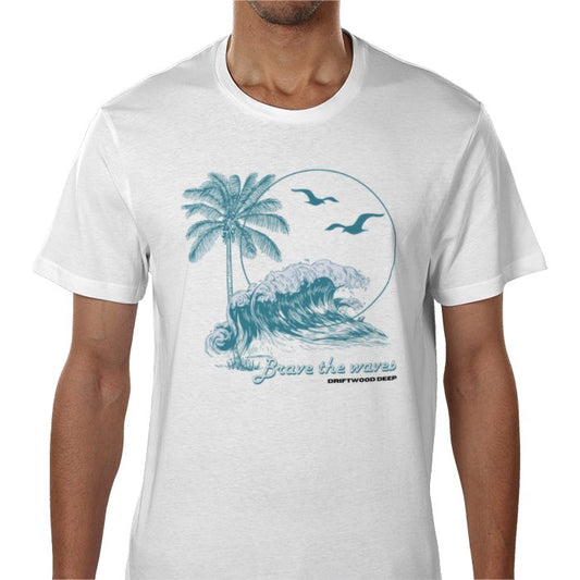 A white crew neck t-shirt with a graphic print design featuring palm trees, birds, and the phrase 'Brave the waves'.