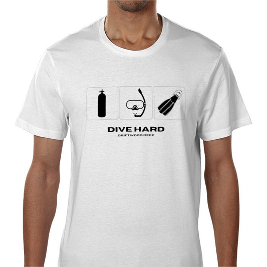 A person wearing a white crew neck t-shirt with a graphic print design featuring diving equipment and the text 'DIVE HARD'.