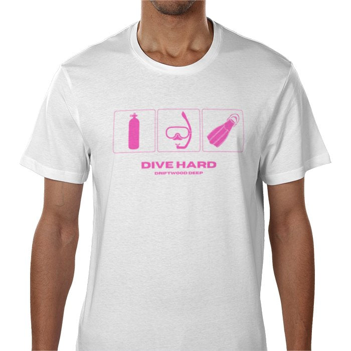 White t-shirt with pink diving-themed graphics and text on a white background