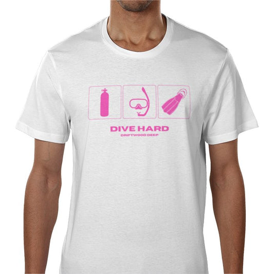 White t-shirt with pink diving-themed graphics and text on a white background